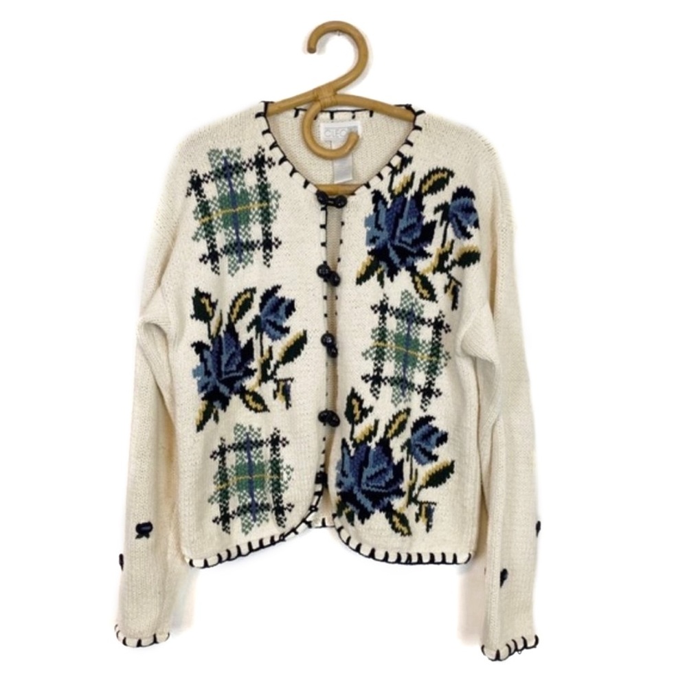 Vintage | Cleo | Floral Grandma Knit Cottagecore Cardigan Size M Cotton Ramie‎